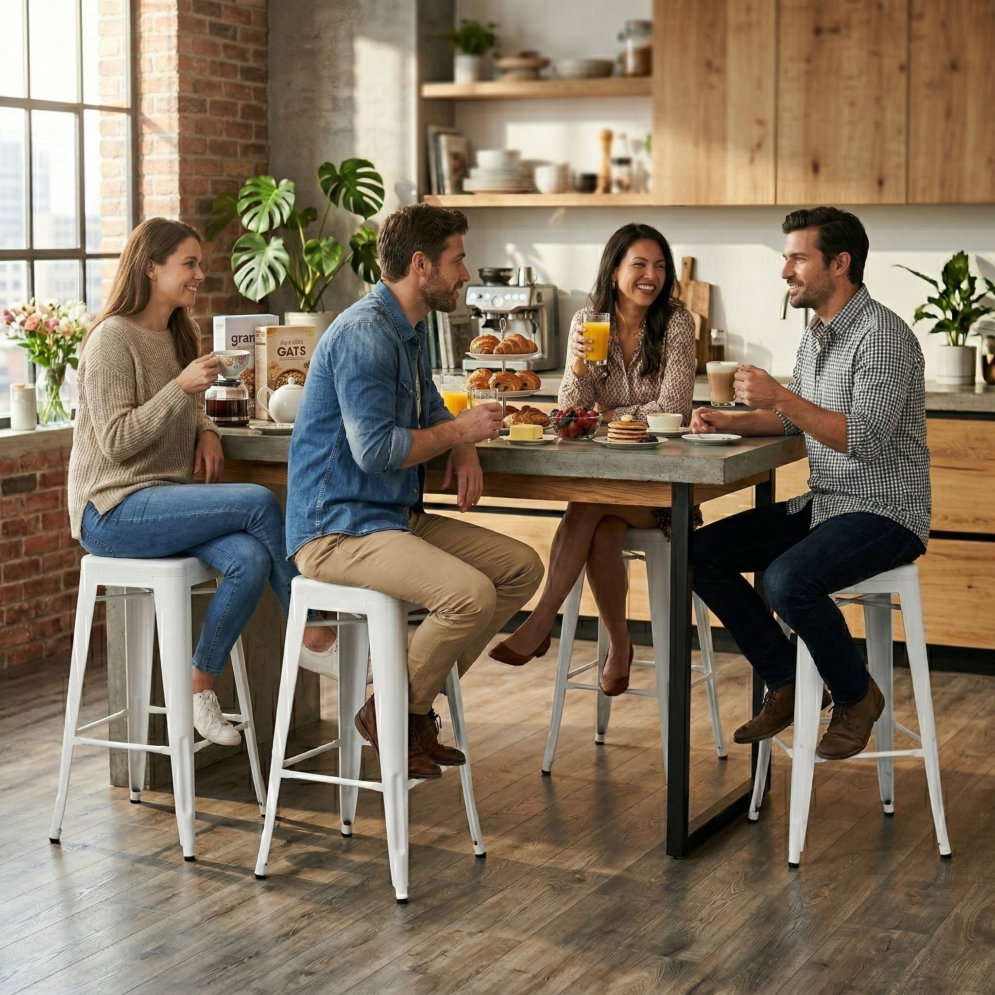 Industrial White Metal Bar Stool - High Back, Stackable