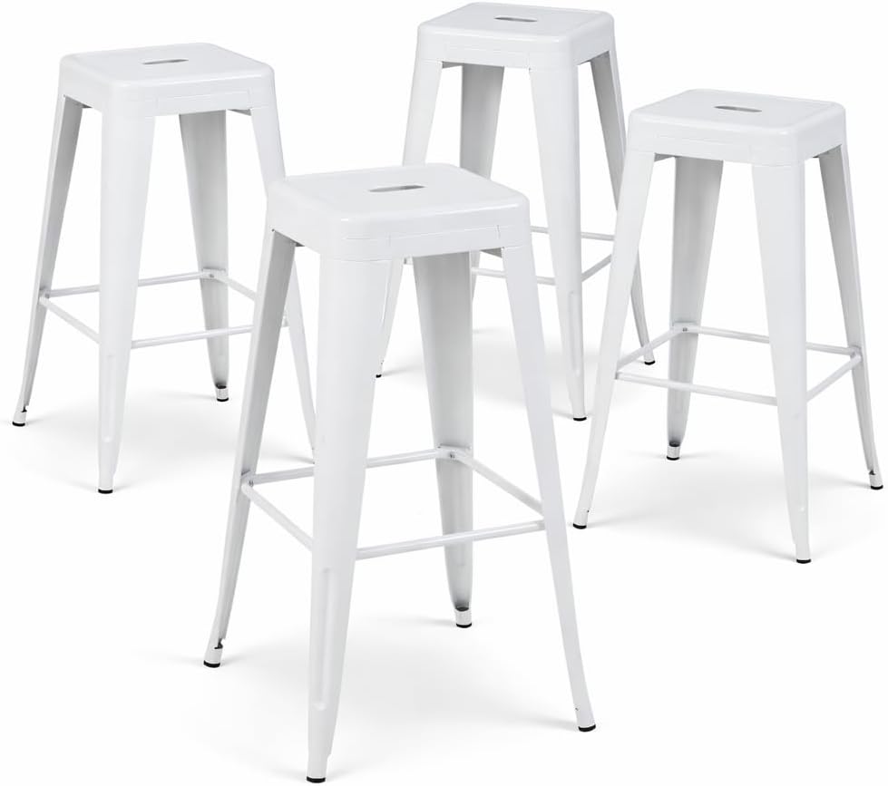 Industrial White Metal Bar Stool - High Back, Stackable