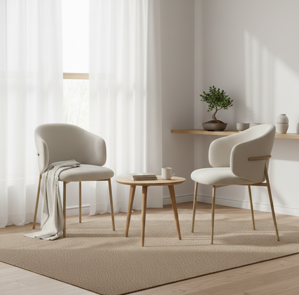 LUNA Modern Accent Dining Chair – Luxury Beige Bouclé Armchair with Enveloping Backrest and Sand-Finish Designer Legs – Elegant Scandinavian Seating for Dining Room & Vanity